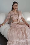 Shop_Neha Khullar_Peach Chanderi Banarasi Hand Embroidery Beads V Neck Bridal Lehenga Set _Online_at_Aza_Fashions