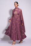 Buy_Shruti S_Wine Anarkali And Dupatta Organza Embroidered Pearl Round & Sequin Set _at_Aza_Fashions