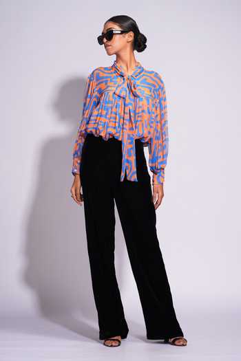 Buy_Shruti S_Orange Georgette Abstract Print Tie-up Neckline Shirt _at_Aza_Fashions