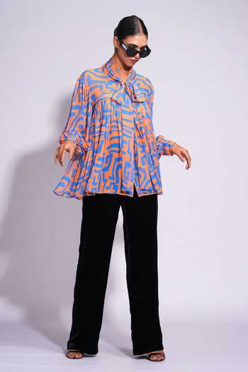 Shruti S_Orange Georgette Abstract Print Tie-up Neckline Shirt _Online_at_Aza_Fashions