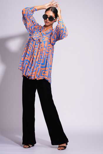 Buy_Shruti S_Orange Georgette Abstract Print Tie-up Neckline Shirt _Online_at_Aza_Fashions