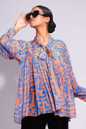 Shop_Shruti S_Orange Georgette Abstract Print Tie-up Neckline Shirt _Online_at_Aza_Fashions