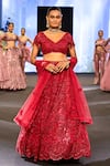 Awigna_Red Net Embroidery Cutdana V Neck Albania 3d Rafflesia Lehenga Set _at_Aza_Fashions