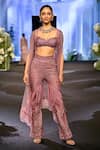 Buy_Awigna_Pink Net Embroidery Cutdana Sweetheart Neck Austria Florin Cape And Pant Set _at_Aza_Fashions