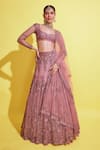 Awigna_Pink Net Embroidery Cutdana Square Neck Greece 3d Flora Lehenga Set _Online_at_Aza_Fashions