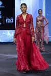 Awigna_Red Net Embroidery Cutdana V Neck Monaco Love Dusk Peplum Jacket And Lehenga _Online_at_Aza_Fashions