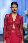 Buy_Awigna_Red Net Embroidery Cutdana V Neck Monaco Love Dusk Peplum Jacket And Lehenga _Online_at_Aza_Fashions