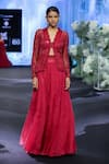 Awigna_Red Net Embroidery Cutdana V Neck Monaco Love Dusk Peplum Jacket And Lehenga _at_Aza_Fashions