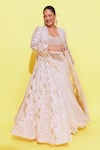 Awigna_Ivory Net Embroidery Cutdana Sweetheart Neck Poland Daisy Jacket And Lehenga Set _Online_at_Aza_Fashions