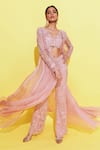 Awigna_Pink Net Embroidery Cutdana V Neck Spain Glory Cape And Pant Set _Online_at_Aza_Fashions