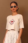 MATI_Off White 100% Cotton Embroidery Aari Round Heart Crop Top With Harem Pant _Online_at_Aza_Fashions