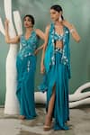 Shop_One Knot One_Blue Cape Silk Satin Embroidery Bead Cape Open Placket Skirt Set _Online_at_Aza_Fashions