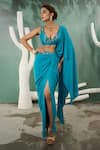 Buy_One Knot One By Ashna_Blue Saree Georgette Embroidery Bead Deep V Waistband Pre-draped With Blouse _at_Aza_Fashions