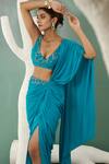 Shop_One Knot One_Blue Saree Georgette Embroidery Bead Deep V Waistband Pre-draped With Blouse _Online_at_Aza_Fashions