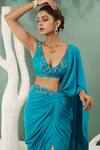 Shop_One Knot One_Blue Saree Georgette Embroidery Bead Deep V Waistband Pre-draped With Blouse _at_Aza_Fashions