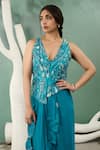 Shop_One Knot One_Blue Jacket Habutai Silk Embroidery Bead Plunge V Neck Stripe And Skirt Set _at_Aza_Fashions