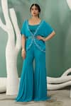 Buy_One Knot One_Blue Georgette Embroidery Cutdana Open Tunic And Flared Pant Set _at_Aza_Fashions