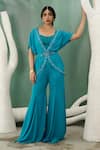 Buy_One Knot One_Blue Georgette Embroidery Cutdana Open Tunic And Flared Pant Set _Online_at_Aza_Fashions