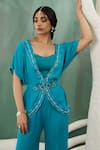 Shop_One Knot One_Blue Georgette Embroidery Cutdana Open Tunic And Flared Pant Set _at_Aza_Fashions