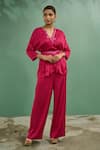 Buy_One Knot One By Ashna_Pink Top Crinkled Crepe Satin Embroidery Bead V Neck Neckline And Pant Set _at_Aza_Fashions