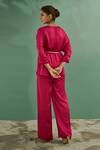 Shop_One Knot One By Ashna_Pink Top Crinkled Crepe Satin Embroidery Bead V Neck Neckline And Pant Set _at_Aza_Fashions