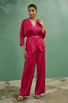 Buy_One Knot One By Ashna_Pink Top Crinkled Crepe Satin Embroidery Bead V Neck Neckline And Pant Set _Online_at_Aza_Fashions