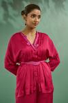 Shop_One Knot One_Pink Top Crinkled Crepe Satin Embroidery Bead V Neck Neckline And Pant Set _Online_at_Aza_Fashions