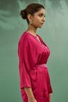 One Knot One_Pink Top Crinkled Crepe Satin Embroidery Bead V Neck Neckline And Pant Set _at_Aza_Fashions