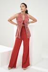 Buy_One Knot One_Orange Blazer Silk Satin Embroidery Bead Cutwork Pant Set _Online_at_Aza_Fashions