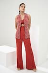 Shop_One Knot One_Orange Blazer Silk Satin Embroidery Bead Cutwork Pant Set _Online_at_Aza_Fashions