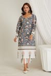 Shop_Makaan.51_Blue Cotton Hand Block Floral Butta Notched V Printed Straight Kurta With Pant _Online_at_Aza_Fashions