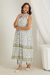 Makaan.51_Blue Cotton Hand Block Butta Halter Neck Printed Kurta With Pant _Online_at_Aza_Fashions