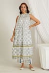 Shop_Makaan.51_Blue Cotton Hand Block Butta Halter Neck Printed Kurta With Pant _Online_at_Aza_Fashions