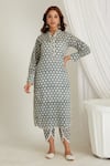 Buy_Makaan.51_Blue Cotton Hand Block Floral Collar Printed Kurta With Dhoti Pant _at_Aza_Fashions