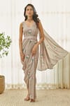 Buy_Pasha India_Brown Dull Satin Printed Floral V-neck Saree Dress _at_Aza_Fashions