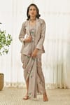 Buy_Pasha India_Brown Dull Satin Printed Floral Notched Lapel Saree Dress And Blazer Set _at_Aza_Fashions