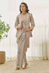 Pasha India_Brown Dull Satin Printed Floral Notched Lapel Saree Dress And Blazer Set _Online_at_Aza_Fashions