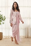 Pasha India_Pink Dull Satin Printed Floral Notched Lapel Polka Dot Saree Dress With Blazer _Online_at_Aza_Fashions