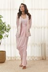 Shop_Pasha India_Pink Dull Satin Printed Floral Notched Lapel Polka Dot Saree Dress With Blazer _Online_at_Aza_Fashions