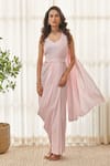 Pasha India_Pink Dull Satin Printed Floral Notched Lapel Polka Dot Saree Dress With Blazer _at_Aza_Fashions