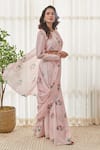 Pasha India_Pink Muslin Zari Printed Floral Round Pre-draped Saree With Blouse _Online_at_Aza_Fashions