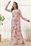 Shop_Pasha India_Pink Muslin Zari Printed Floral Round Pre-draped Saree With Blouse _Online_at_Aza_Fashions