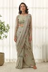 Pasha India_Green Muslin Zari Printed Floral Round Pre-draped Saree With Blouse _Online_at_Aza_Fashions