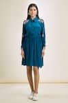 Samyukta Singhania_Blue Crepe Embroidered Cutdana Collared And Moti Shirt Dress _Online_at_Aza_Fashions