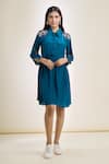 Shop_Samyukta Singhania_Blue Crepe Embroidered Cutdana Collared And Moti Shirt Dress _Online_at_Aza_Fashions