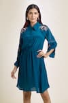 Samyukta Singhania_Blue Crepe Embroidered Cutdana Collared And Moti Shirt Dress _at_Aza_Fashions