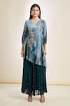 Samyukta Singhania_Grey Kurta Chinon Embroidered Thread V Neck Floral Asymmetric Tunic Pant Set _Online_at_Aza_Fashions