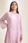 Samyukta Singhania_Pink Chinon Embroidered Stone Jacket Collar Pant Set _at_Aza_Fashions