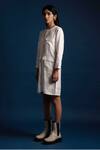 Khajoor Studio_White Linen Beads Round Neck Candle Short Pocket Dress _Online_at_Aza_Fashions