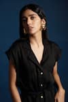 Khajoor Studio_Black Linen Collared Evening Gloss Blazer Dress _at_Aza_Fashions